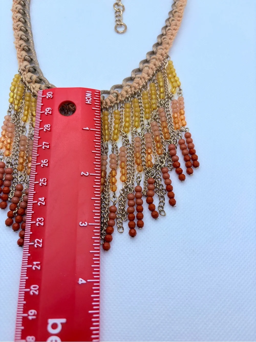 Boho Fringe Macrame Beaded Goldtone Necklace Yellow Orange Red Statement 15-17”
